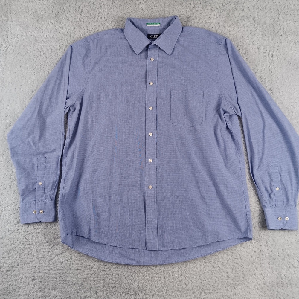 Chaps Mens Blue Micro Check Dress Shirt 17.5 36/37 Regular Fit Wrinkle Free